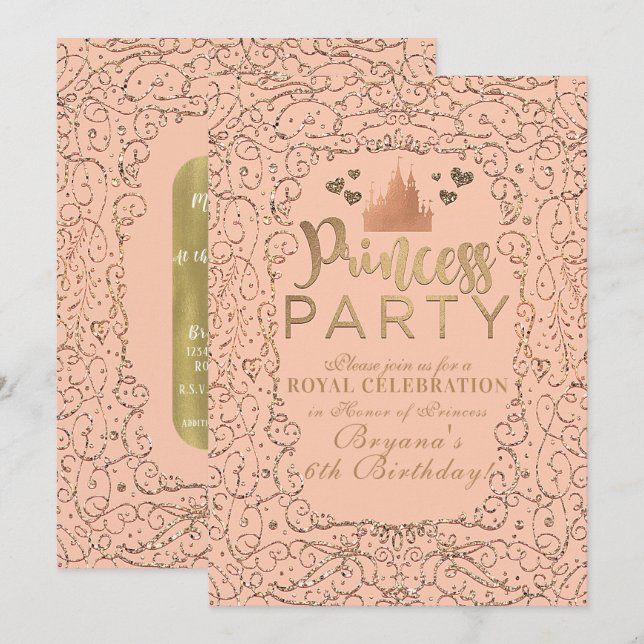 Invitation Château Doré Teinté de Pêche PRINCESSE FÊTE D'anni (Devant / Derrière)