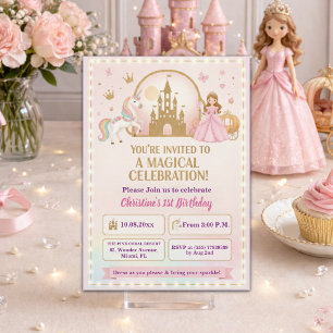Invitation Château en or de licorne princesse pour 1er annive
