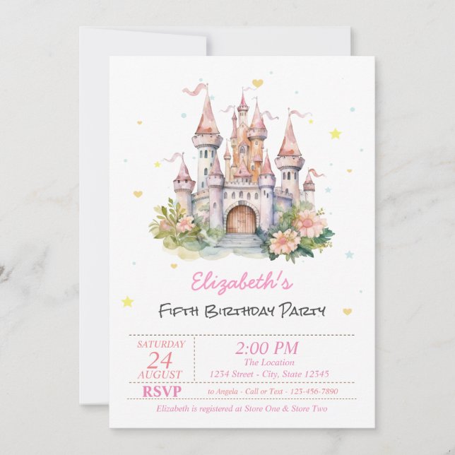 Invitation Château Fleurs Coeurs Conte de Fées (Devant)