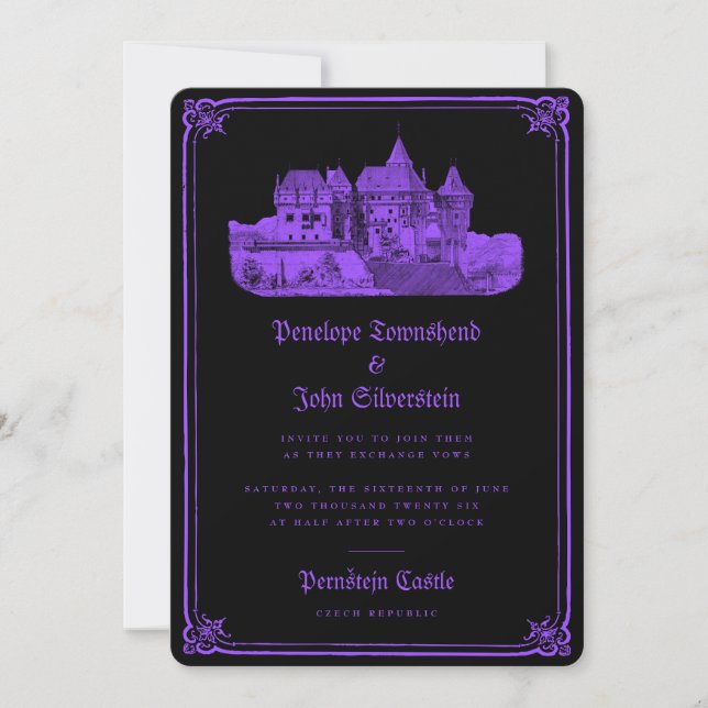 Invitation Château gothique Bordure Noir pourpre Mariage (Devant)