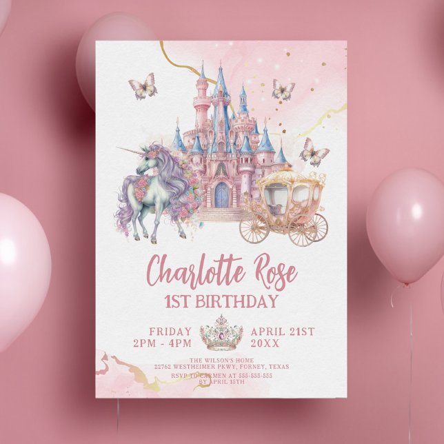 Invitation Château magique Unicorn Rose Princesse 1er anniver (Créateur téléchargé)