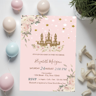 Invitation Château Pailleté Or,Fleurs,Étoiles Baby Shower