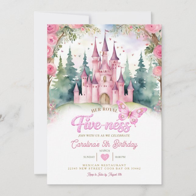 Invitation Château Papillon Rose Son Cinquième Anniversaire R (Devant)