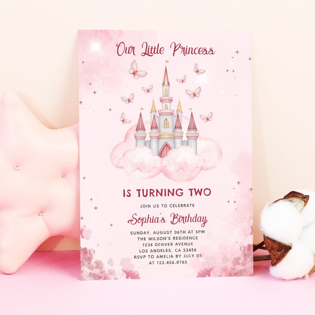 Invitation Château Princess | Aquarelle rose fille Anniversai (Créateur téléchargé)