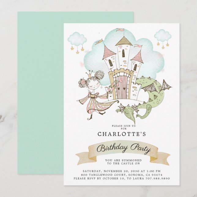 Invitation Château Princesse Dragon Girl's Pink Anniversaire (Devant / Derrière)