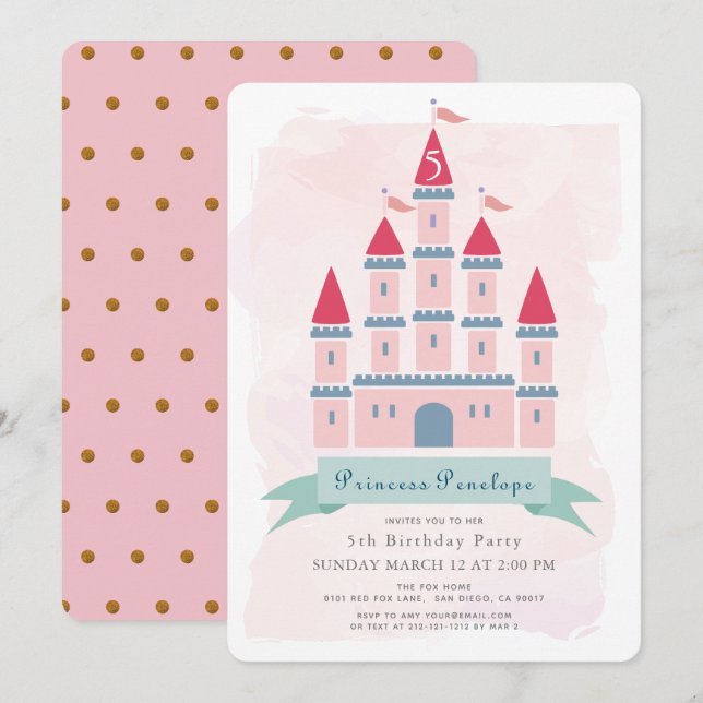 Invitation Château rose Princesse Fille Anniversaire (Devant / Derrière)