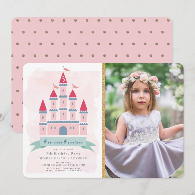 Invitation Château rose Princesse Fille Photo Anniversaire (Devant / Derrière)