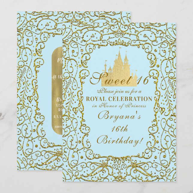 Invitation Château Royal Bleu clair et or Princesse Douce 16  (Devant / Derrière)