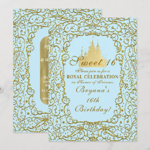 Invitation Château Royal Bleu clair et or Princesse Douce 16 