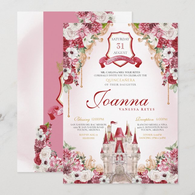 Invitation Château Royal Quinceanera de Bourgogne Rouge (Devant / Derrière)