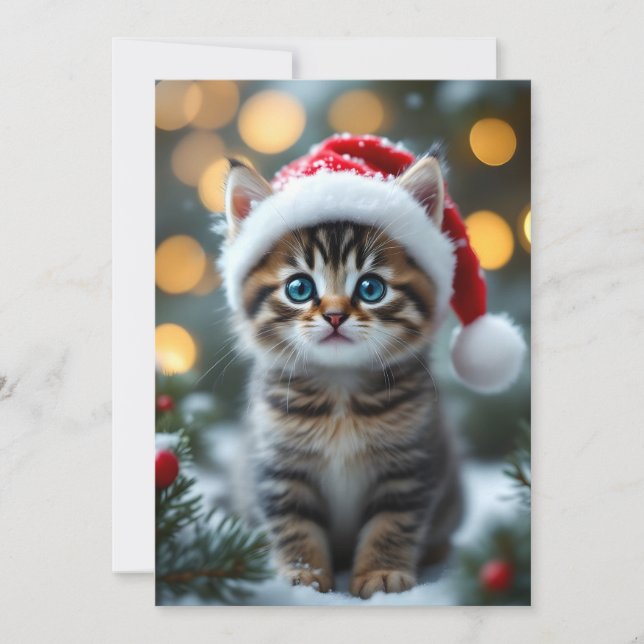 Invitation Chaton avec un bonnet de Noël rouge (Devant)