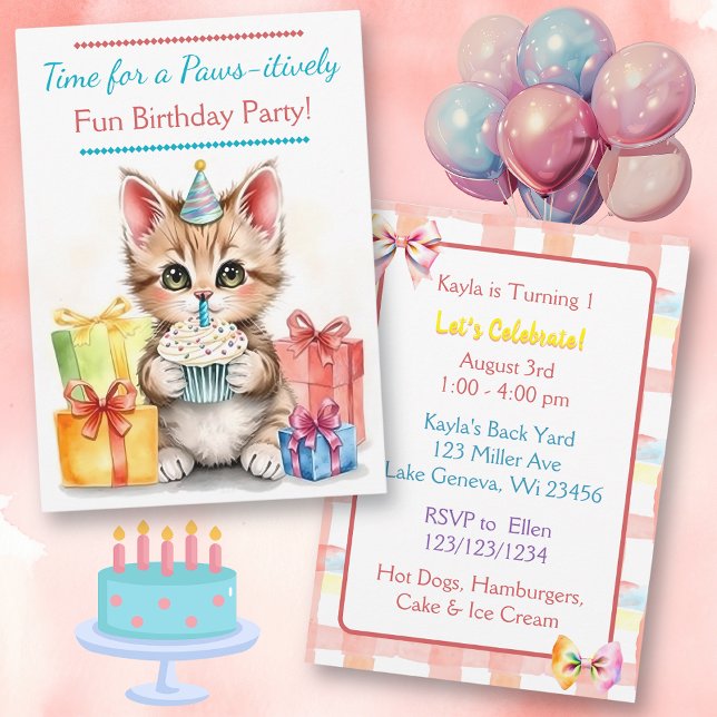 Invitation Chaton d'anniversaire doux coloré (Créateur téléchargé)