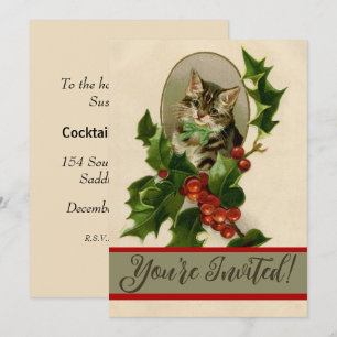 Invitation Chaton de Noël victorien au houx antique tabby