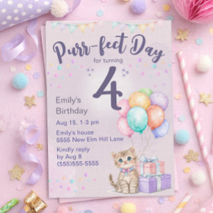 Invitation Chaton Pastel Fille 4ème Anniversaire