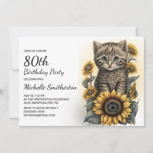 Invitation Chaton Tigré Gris Fleurs de Tournesol 80e Annivers
