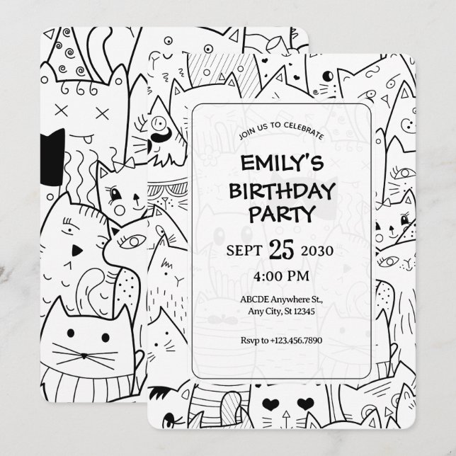 Invitation Chats doodle noir et blanc (Devant / Derrière)