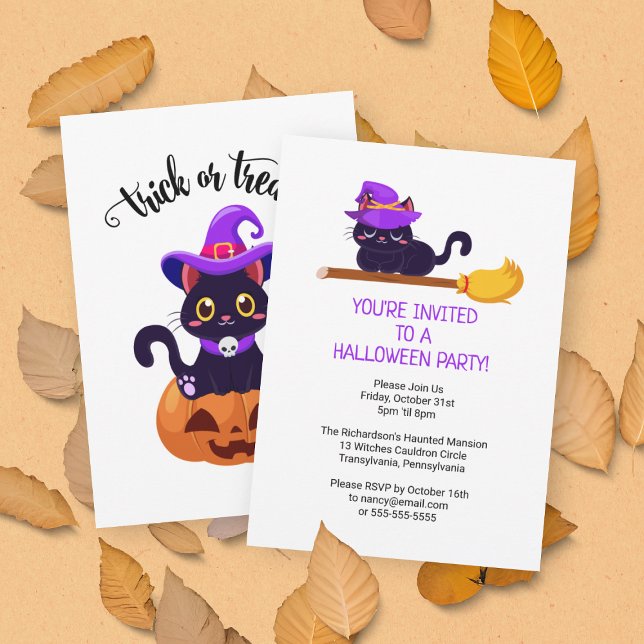 Invitation Chats en sorcière noire Cute Fête d'Halloween pers (Front and Back View)
