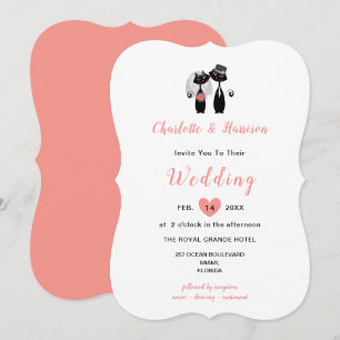 Invitation Chats mariages Elégant noir blanc corail mignonne