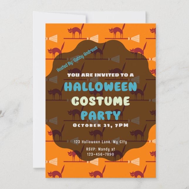 Invitation Chats noirs sur sorcières Salles Orange Halloween (Devant)