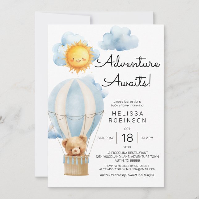 Invitation Chaud Air Balloon Baby Boy Douche (Devant)