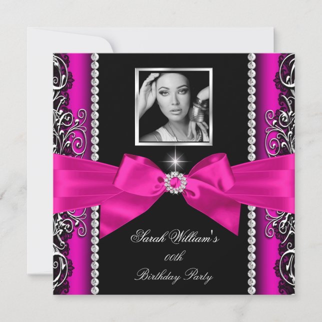 Invitation Chaud rose Bow Anniversaire de fête Silver Photo (Devant)