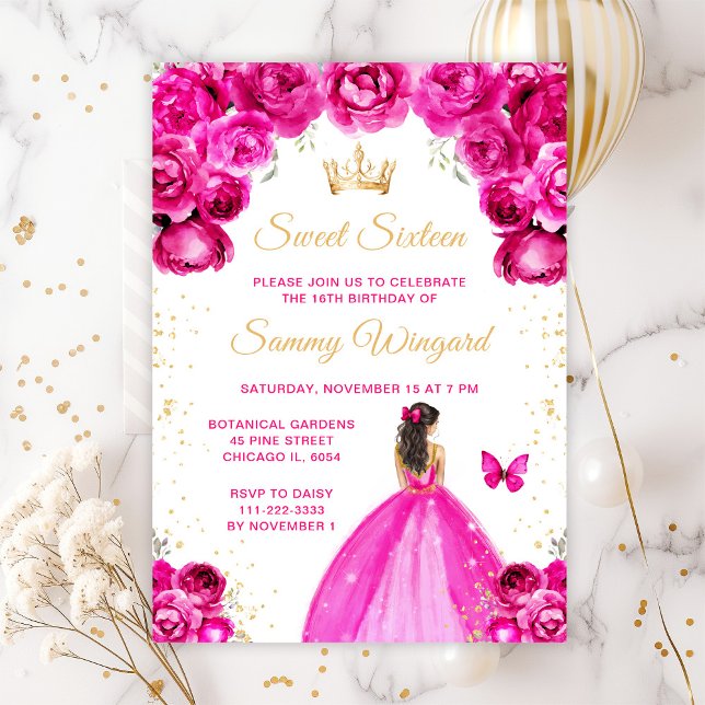 Invitation Chaud rose Brunette Cheveux Princesse Sweet sixtee (Créateur téléchargé)