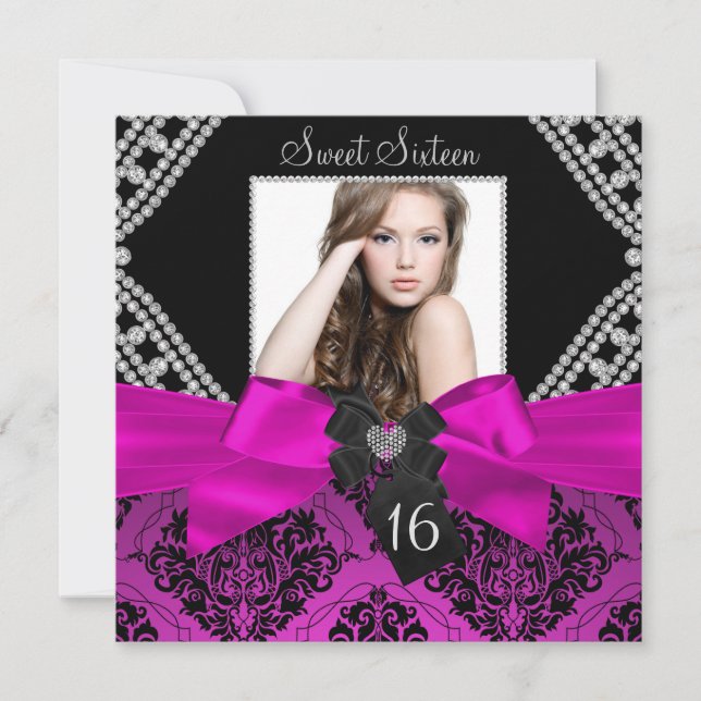 Invitation Chaud rose diamant Bow & Black Damask Photo Sweet  (Devant)