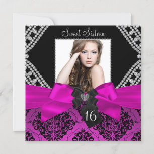 Invitation Chaud rose diamant Bow & Black Damask Photo Sweet 