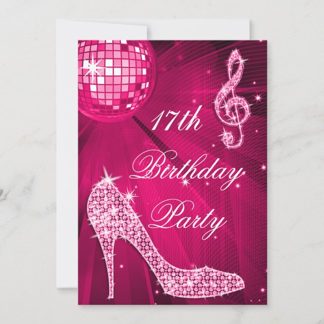 Invitation Chaud rose Disco Ball Étincelle talons 17e anniver (Devant)