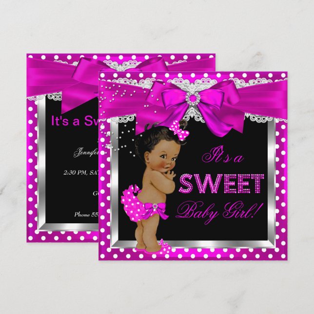 Invitation Chaud rose douce Baby shower fille Africaine Améri (Devant / Derrière)