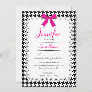 Invitation Chaud rose et noir blanc Houndstooth Sweet 16