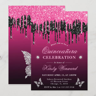 Invitation Chaud Rose et Noir Qui Dégouline de Paillettes Qui