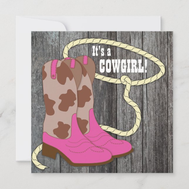 Invitation Chaud rose Grange bois Cowgirl Baby shower Invitat (Devant)