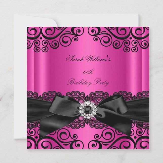Invitation Chaud rose noir dentelle Bow fête d'anniversaire (Devant)