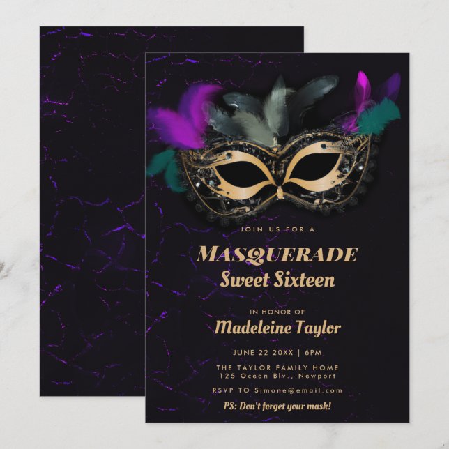 Invitation Chaud rose or noir Masquerade Masquerade Sweet 16  (Devant / Derrière)