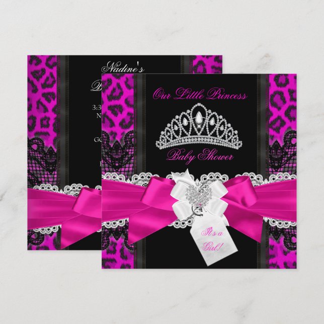 Invitation Chaud rose princesse Baby shower fille Léopard noi (Devant / Derrière)