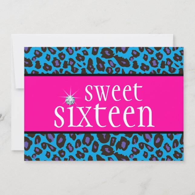 Invitation Chaud rose violet Turquoise Sweet sixteen léopard  (Devant)