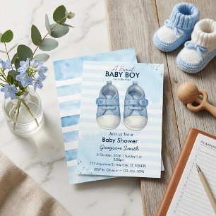 Invitation Chaussons bébé garçon aquarelle rayures bleues Bab
