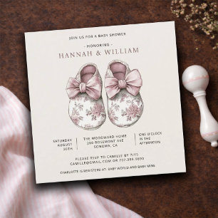 Invitation Chaussons bébé toile rose blush pour bébé fille Sh