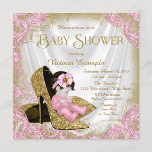 Invitation Chaussure à paillettes rose et or Fête bébé perle