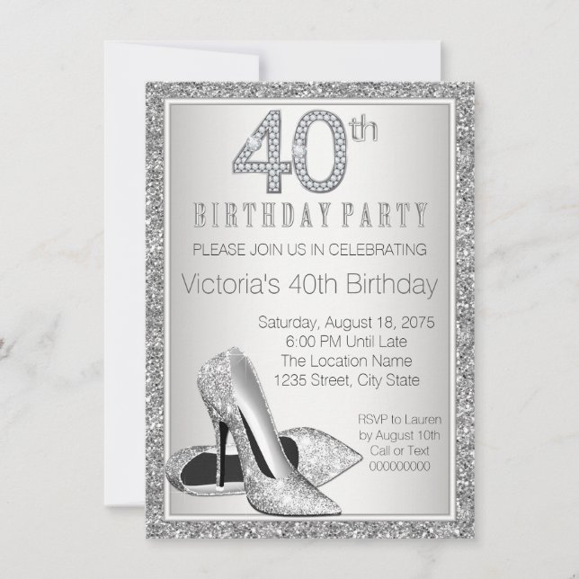 Invitation Chaussure à talon haut argenté femme 40e anniversa (Devant)
