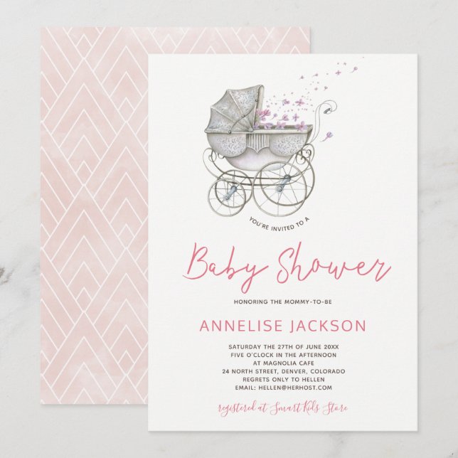 Invitation Chaussure bébé blush aquarelle bébé douche fille (Devant / Derrière)