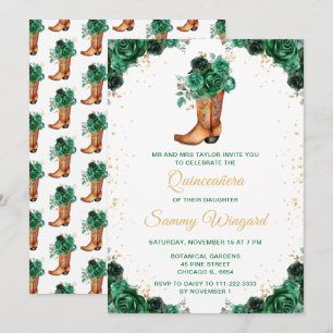 Invitation Chaussure de cowboy florale vert foncé et or pour