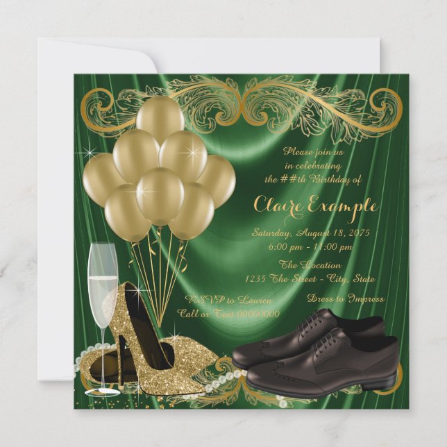 Invitation Chaussure d'or Emerald Green pour femmes fête d'an (Devant)