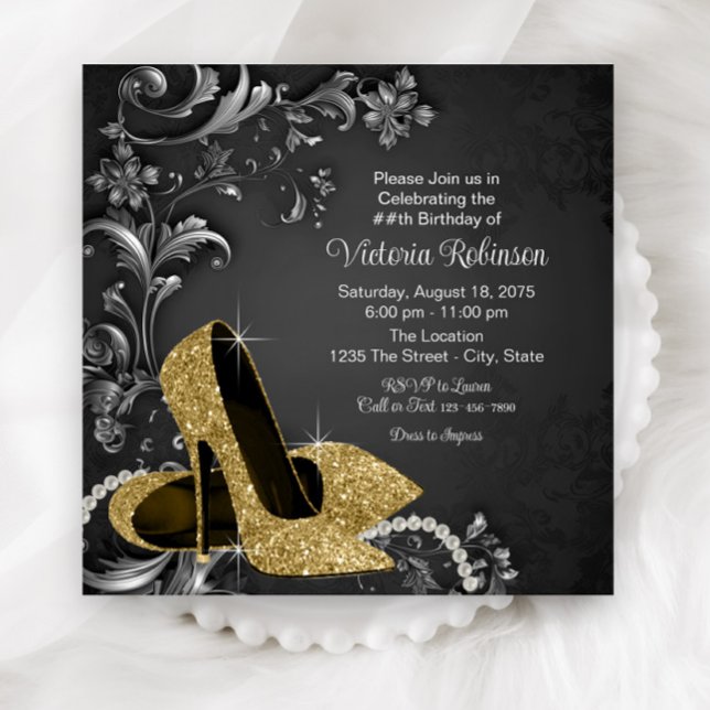 Invitation Chaussure d'or noir femmes fête d'anniversaire (Black gold high heels and pearls any number birthday and event invitation. Simply add your details.)