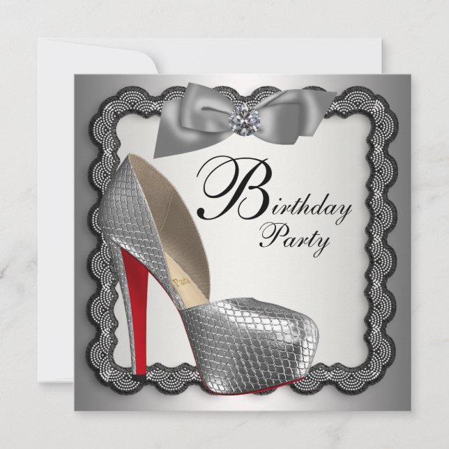 Invitation Chaussure haute talon noir et argent Fête d'annive (Devant)