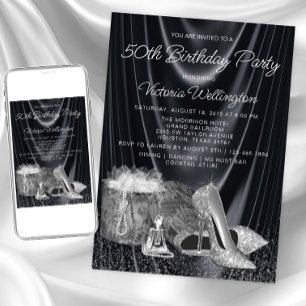 Invitation Chaussure noire et argentée pour femme, anniversai