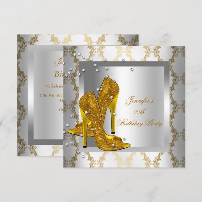 Invitation Chaussures à talon élevé Silver Gold fête d'annive (Devant / Derrière)