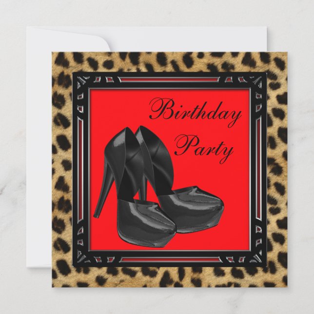 Invitation Chaussures à talon noir Léopard rouge fête d'anniv (Devant)