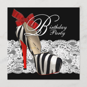 Invitation Chaussures à talon noir Zèbre rouge fête d'anniver